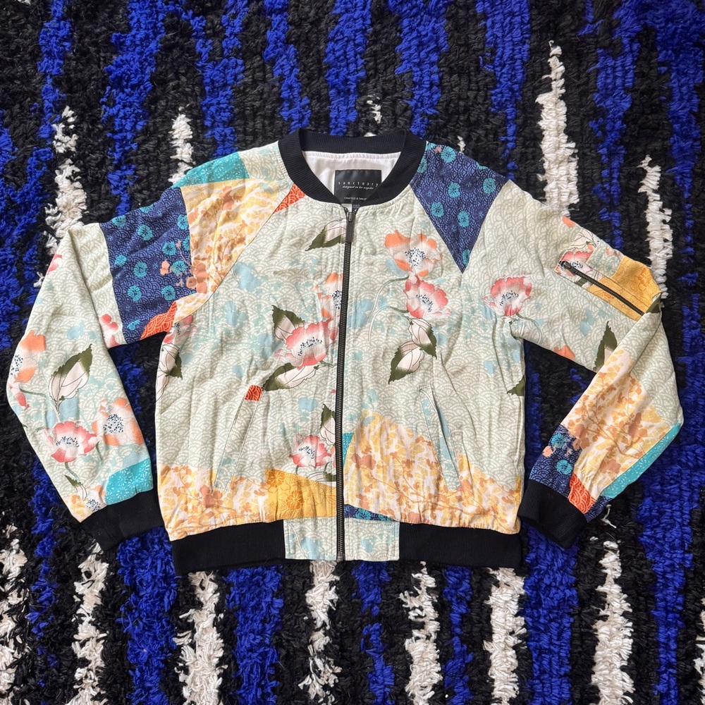 Sanctuary Mixed Asian Patchwork Floral Bomber Jacket
